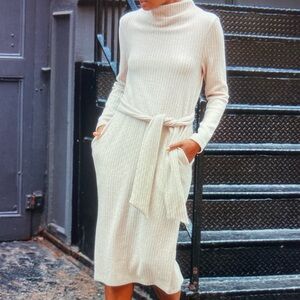 Clara Sunwoo Chunky Ribbed - Tie Waist Pocket Midi Sweater Dress -